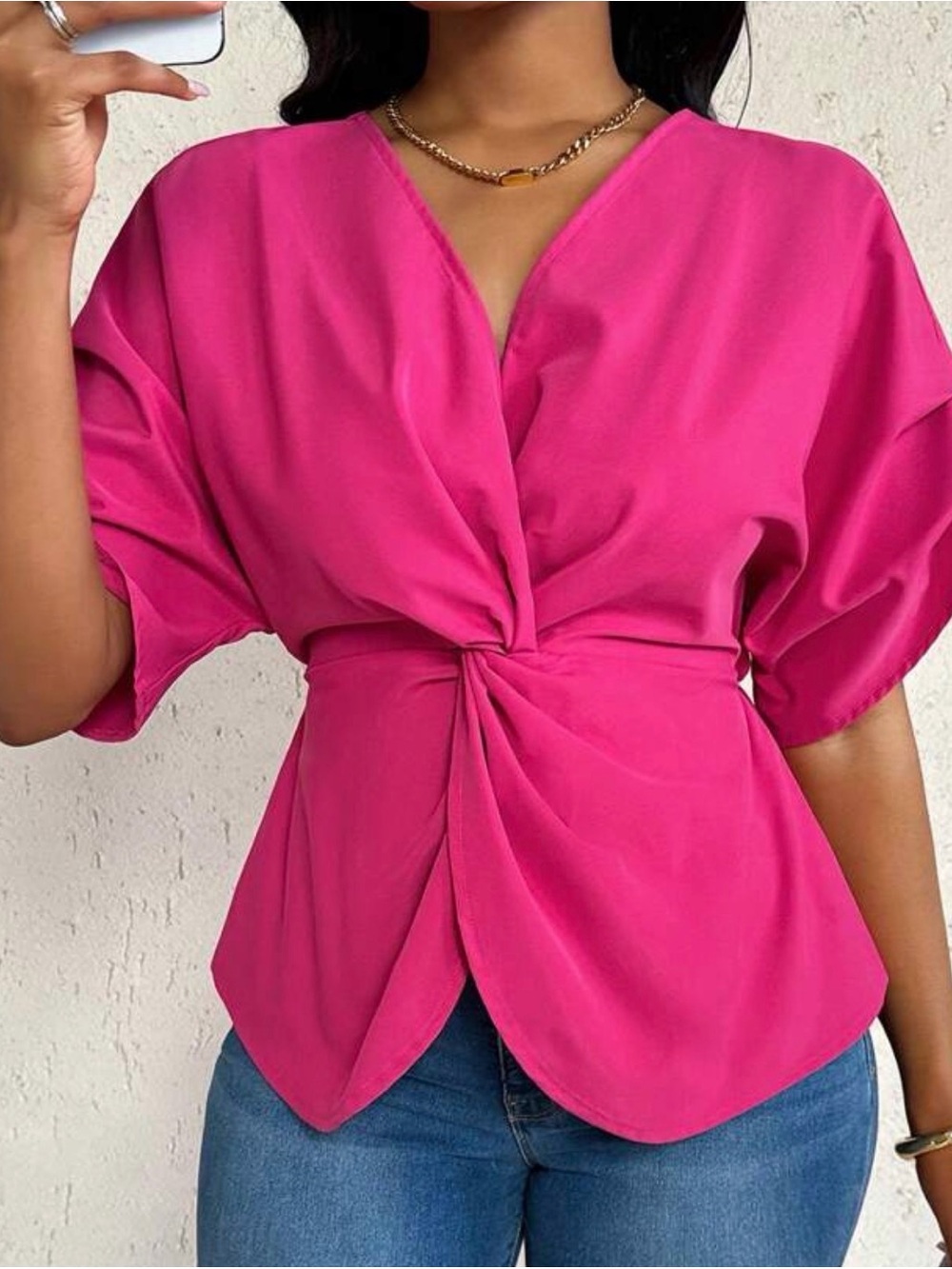 Hot Pink v neck dolman Sleeve Blouse